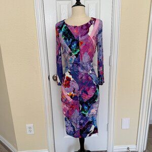 Nicole Miller Colorful Floral Watercolor Midi Bodycon Dress Size Medium
